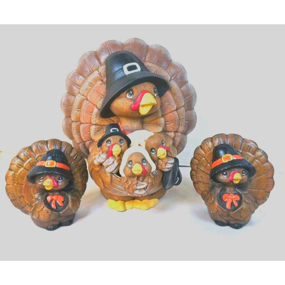 Vtg 3pc Adorable Thanksgiving Turkey Pilgrim Ceramic Centerpiece w Chicks